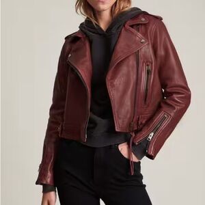 ALLSAINTS Ayra Biker Jacket in Burgundy Size US 6